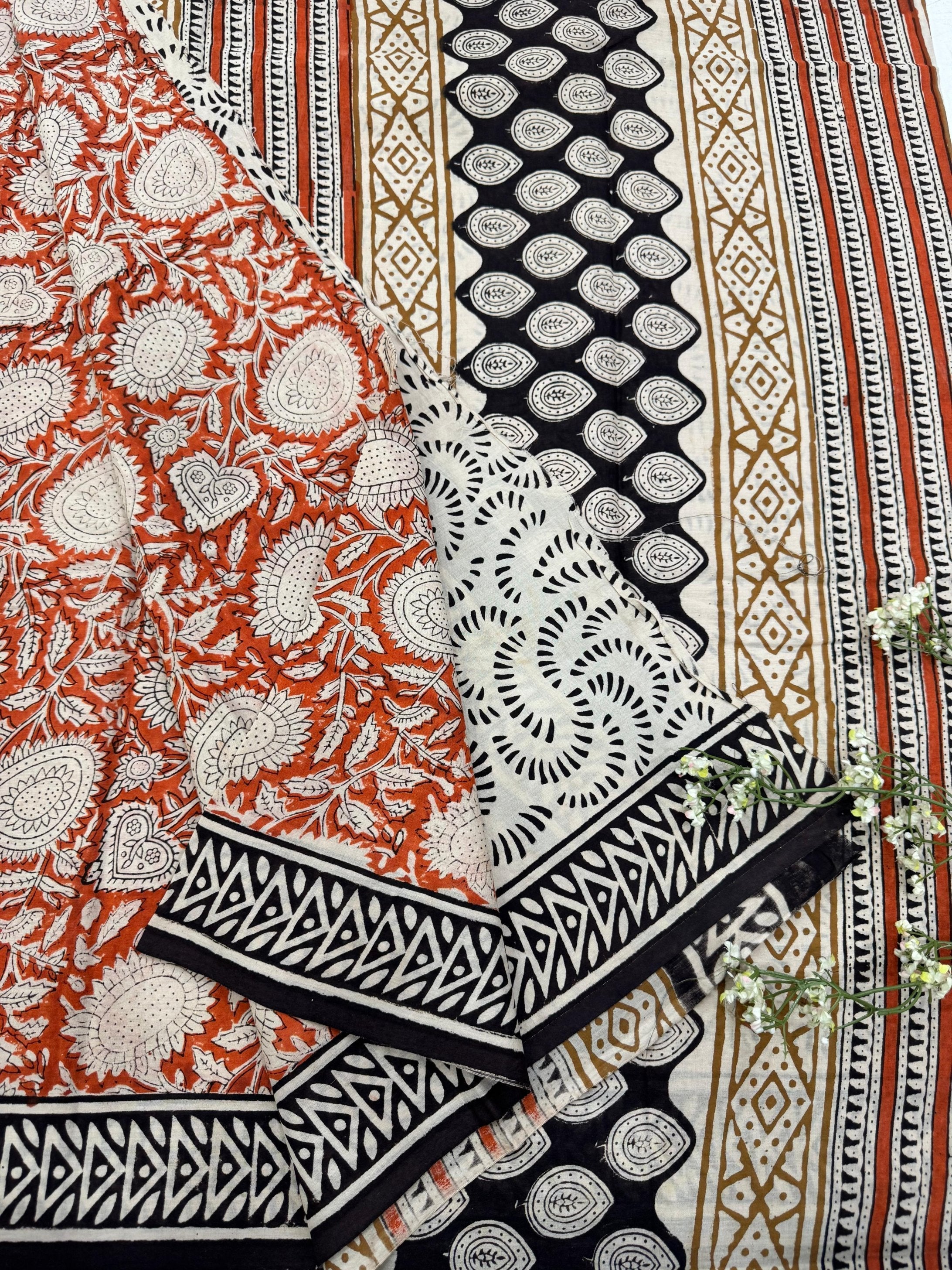 Rust Jaal Cotton Mul Saree – Designer Handblock Printed Saree Wholesale for Boutiques